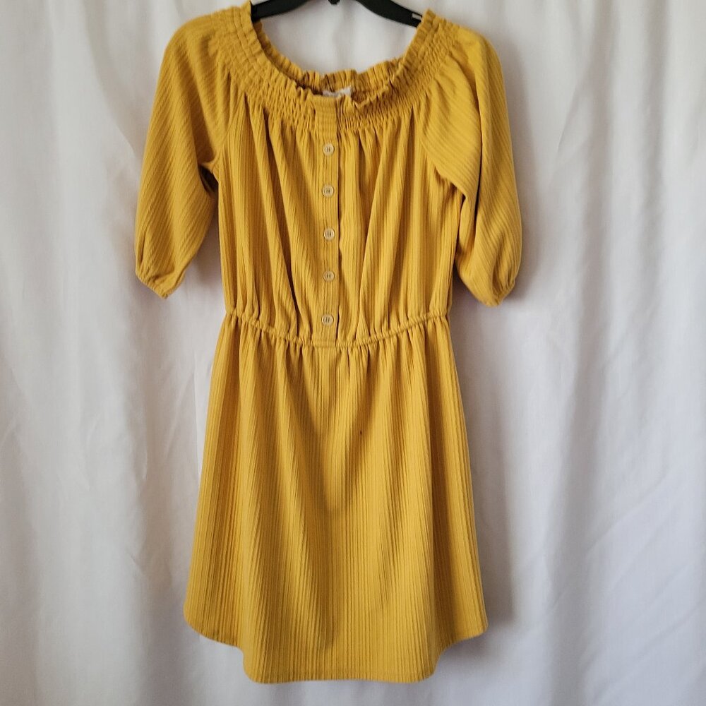 Maurice's Dress Peasant BOHO Smocked Small Mustard Yellow Off Shoulder Unique
